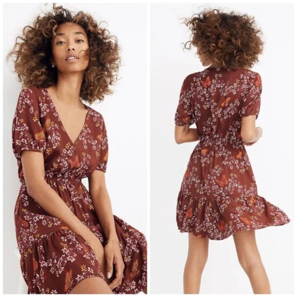 Madewell Maroon Floral Butterfly Print Ruffle-Wrap Dress In Windowbox Floral 4